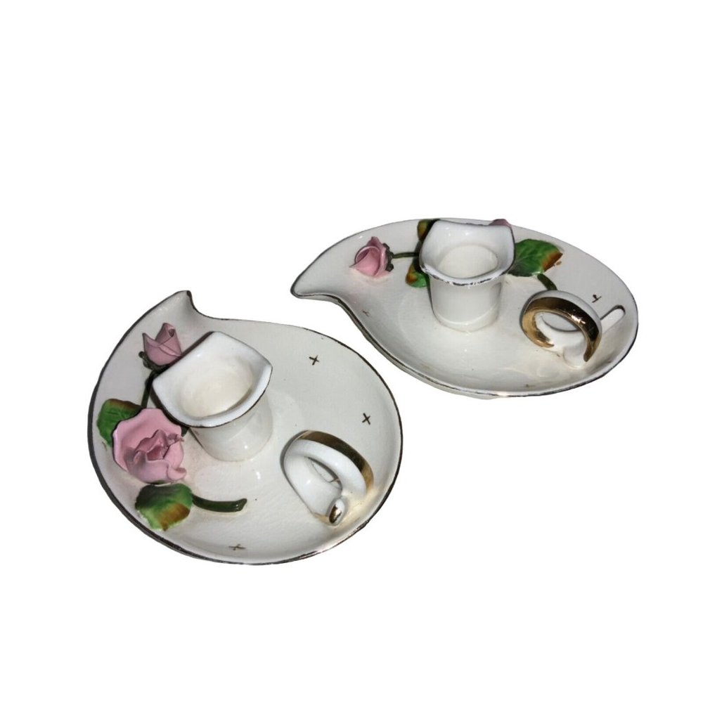 Lefton Christmas Candle stick holder Set of 2 Japan- Pink Rose Vintage